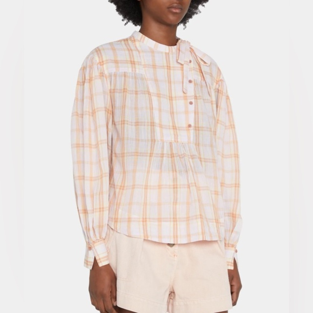 Ulla Johnson‎ Clarke Cotton Tie-Neck Long Sleeve Blouse Pale Lilac Plaid Size 4